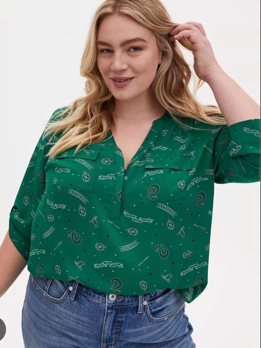 Torrid Harper Harry Potter Green Slytherin Printed Henley Blouse